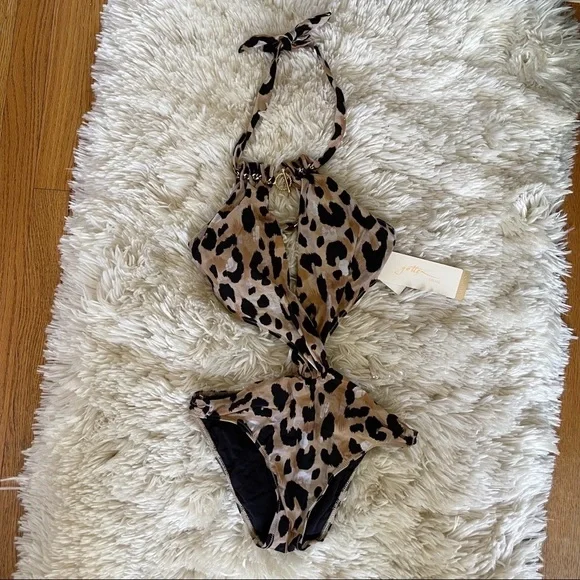 NEW Gottex Contour Kenya Gold Chain Plunge Leopard One Piece Swim Size 4 NWT - Picture 3 of 12